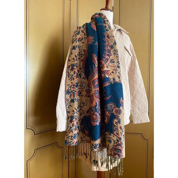 Vintage reversible scarf with fringes and gold threads - Picture 1 of 8